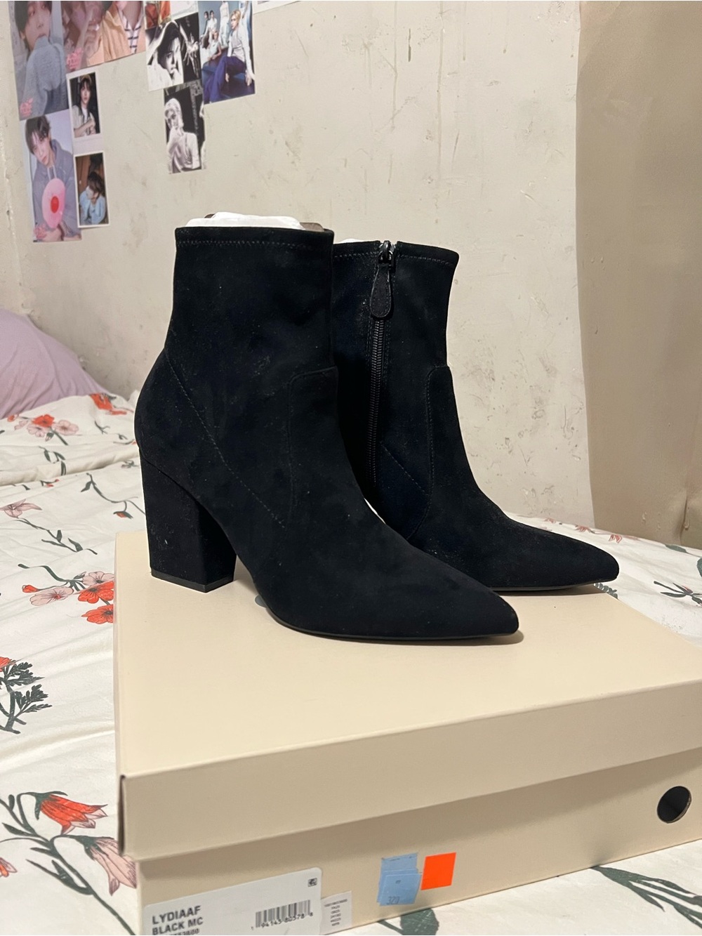 Women's Black Suede Pointed-Toe Ankle Booties with Block Heel